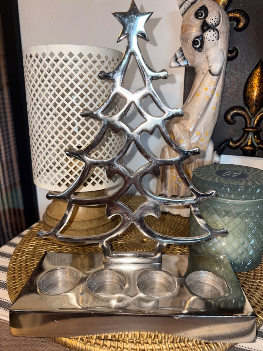 Vintage Crate & Barrel Heavy Cast Aluminum Christmas Tree Candleholder